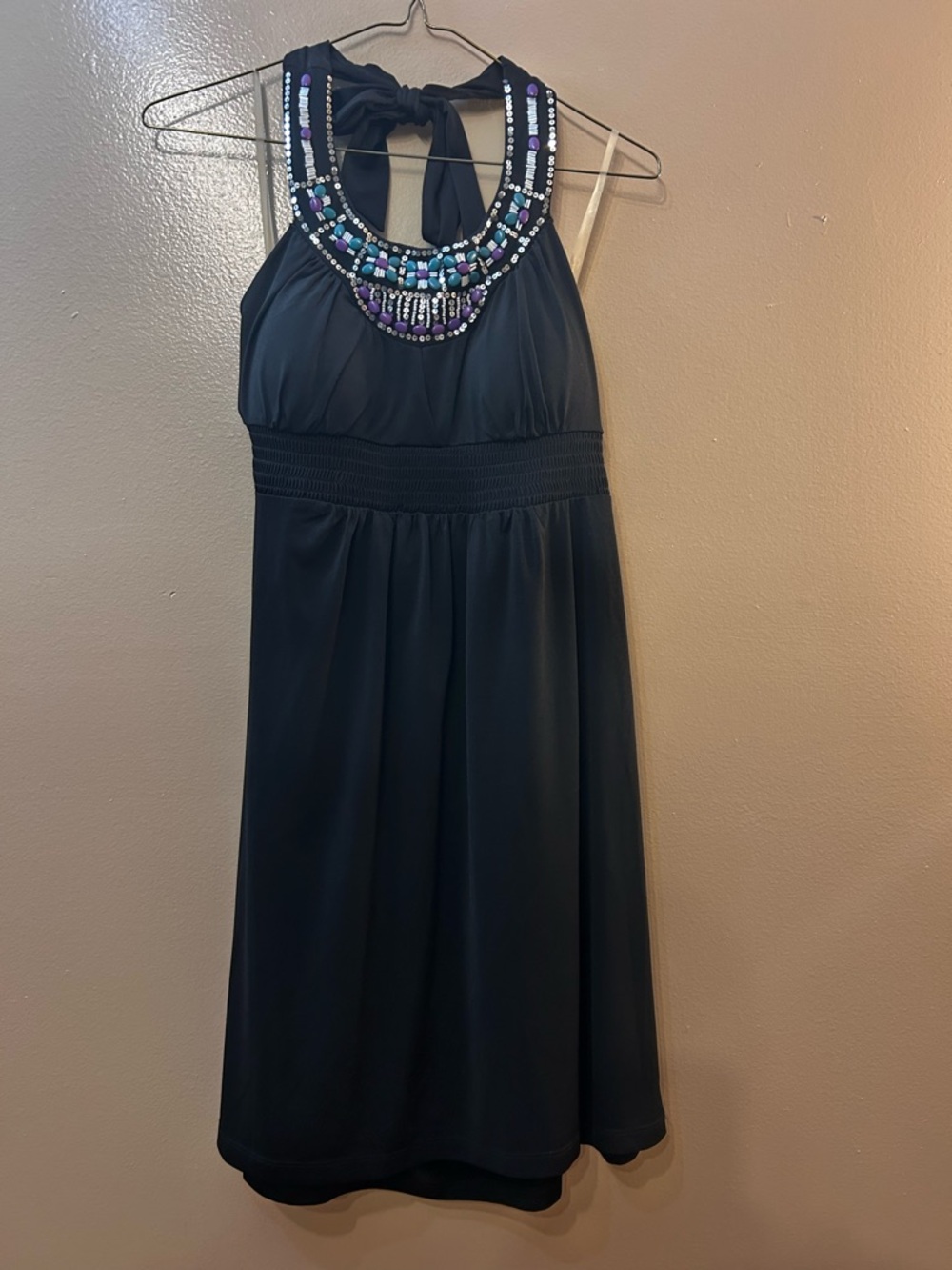 Candie's Black Halter Dress with Beaded Multicolor Neckline